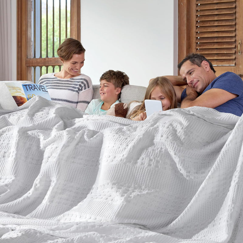 VHC Brands White Waffle Weave King Blanket 90x108 - 100% Cotton, Lightweight, for Bed, Couch, Sofa - Farmhouse Boho Bedroom & Living Room Decor
