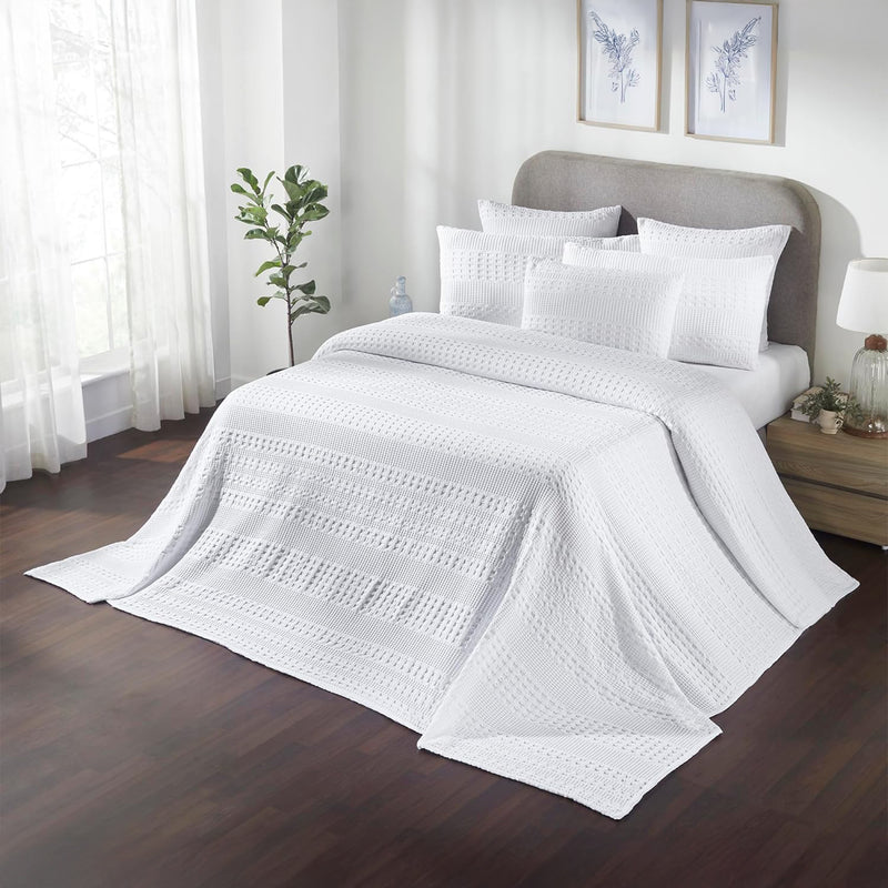 VHC Brands Waffle Weave White Queen Blanket, 90x90 - 100% Cotton, Lightweight Farmhouse Decor for Bed, Couch & Sofa