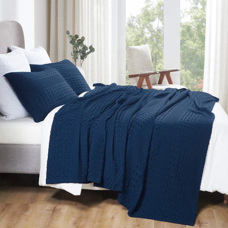 VHC Brands Waffle Weave King Blanket, Navy Blue 90x108 - 100% Cotton, Lightweight & Breathable Throw for Bed, Couch, Sofa - Farmhouse Bedroom Decor