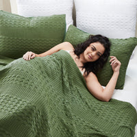 VHC Brands Olive Green King Waffle Weave Blanket - 100% Cotton, 90x108 - Lightweight Farmhouse Bed & Couch Cover for All Seasons