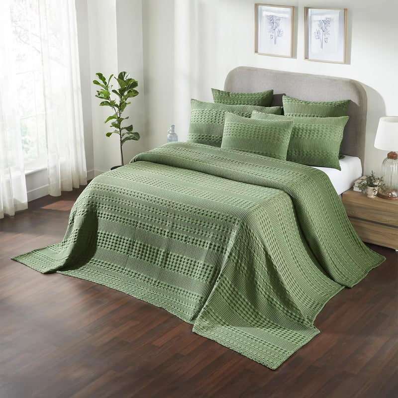 VHC Brands Waffle Weave Olive Green Twin Blanket 66x90 - 100% Cotton Cover for Bed, Couch, Sofa - Lightweight Farmhouse & Boho Bedroom Decor