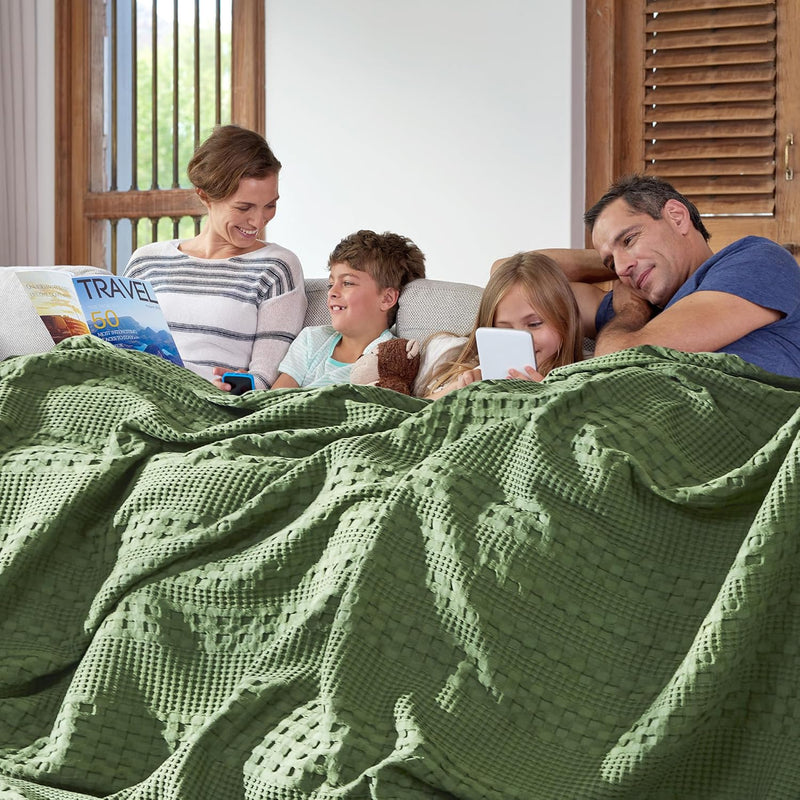 VHC Brands Waffle Weave Olive Green Twin Blanket 66x90 - 100% Cotton Cover for Bed, Couch, Sofa - Lightweight Farmhouse & Boho Bedroom Decor