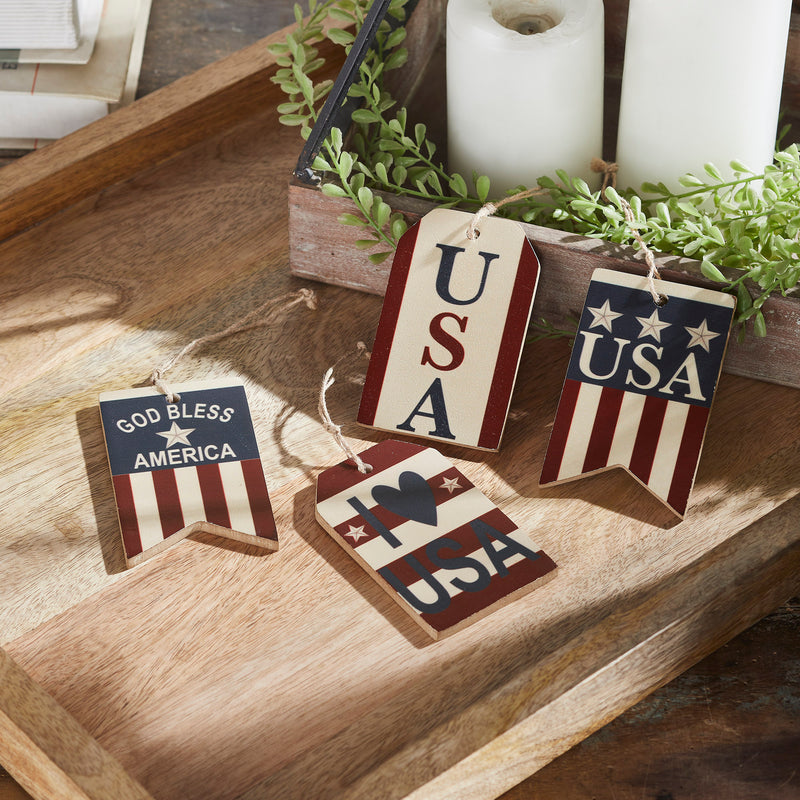 My Country USA RWB MDF Ornament w/ Twine Set of 4 4x2.5x0.25