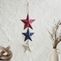 Painted Metal RWB Stars Wall Hanging w/ Jute Twine 20x8x1