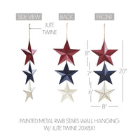 Painted Metal RWB Stars Wall Hanging w/ Jute Twine 20x8x1 **BACKORDERED UNTIL MARCH 2025**