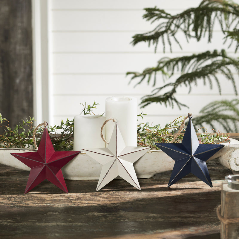 Painted Metal RWB Stars Ornament Set of 3 Colors 6x6x1