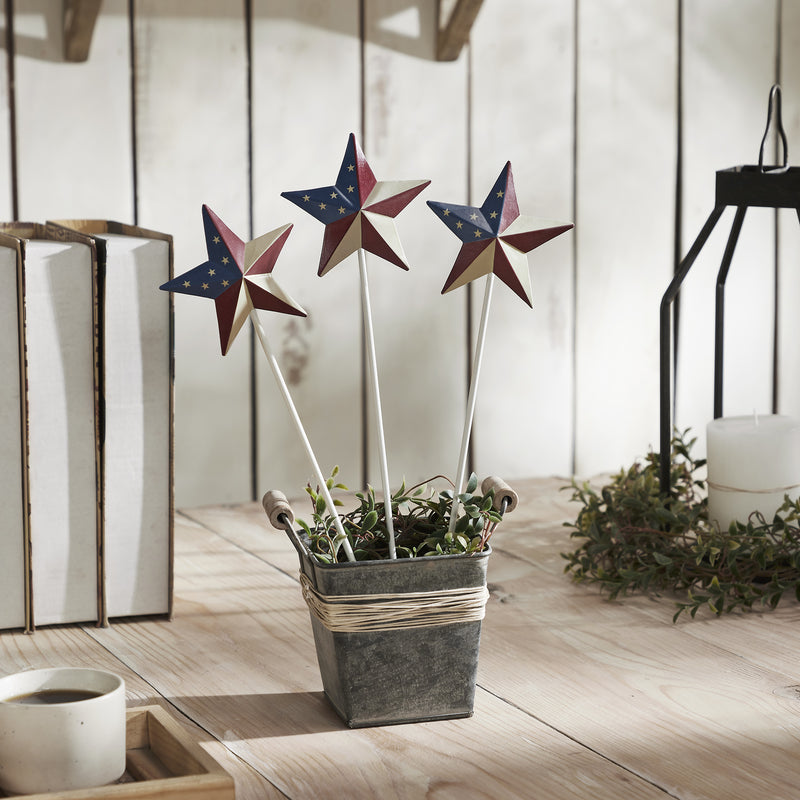 Painted Metal American Flag Theme Star on Pick Set of 3 12x3.5