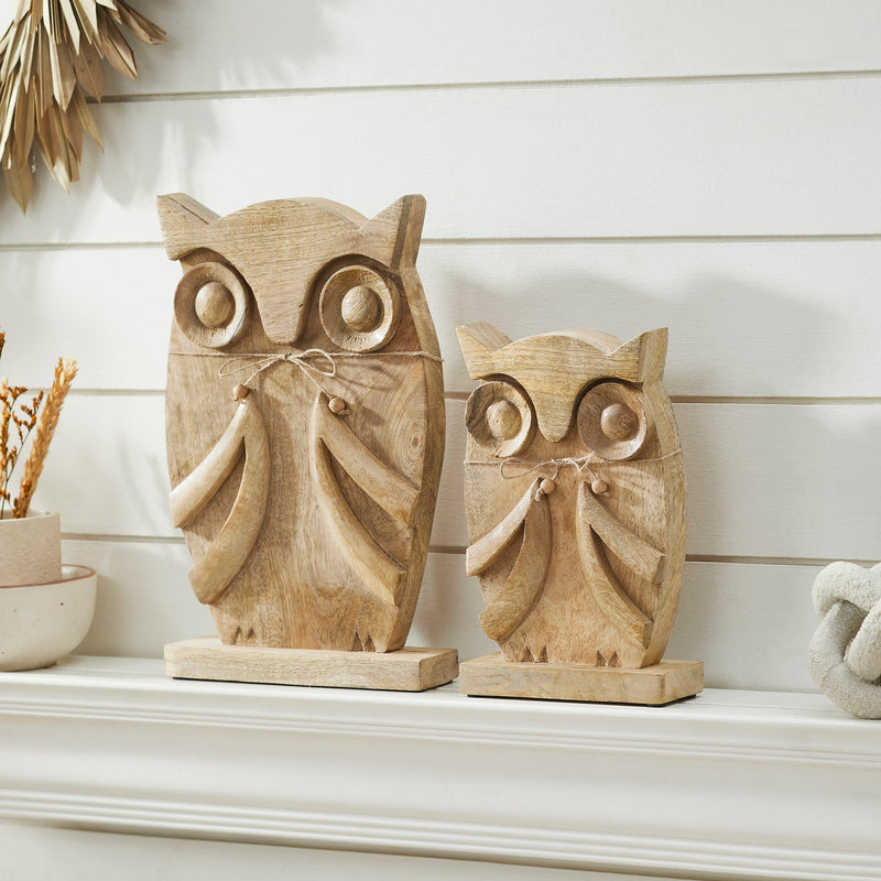 Wooden Owl Natural Set of 2 - 9.75 and 13.25 inch **BACKORDERED UNTIL JUNE 2025**