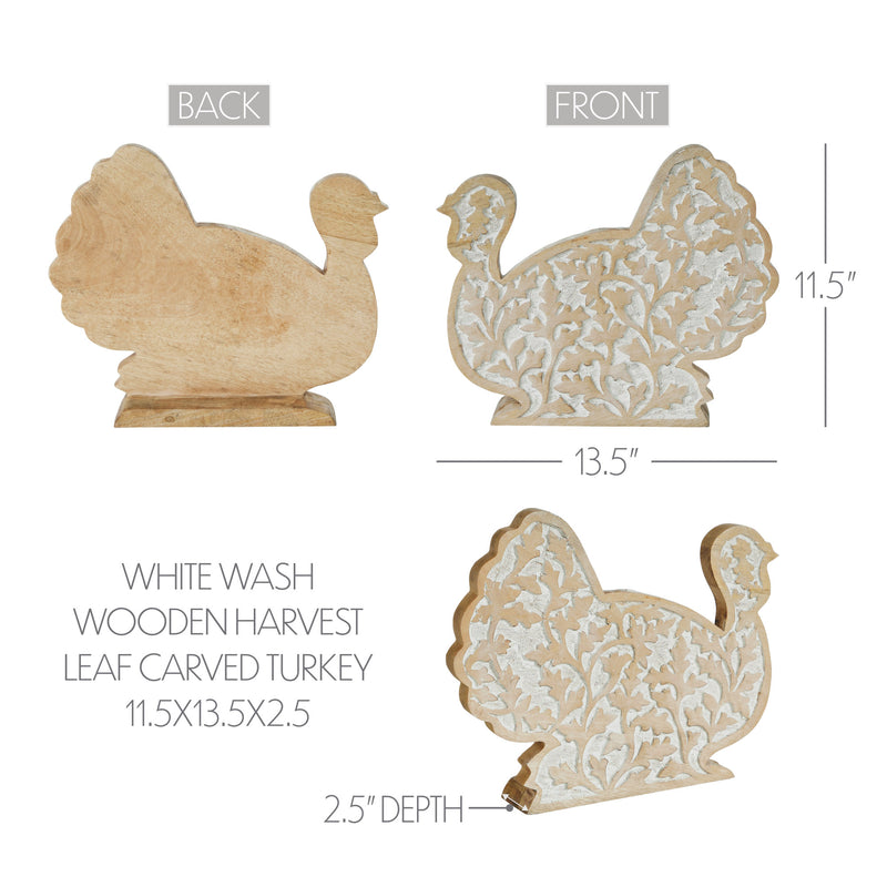 White Wash Wooden Harvest Leaf Carved Turkey 11.5x13.5x2.5