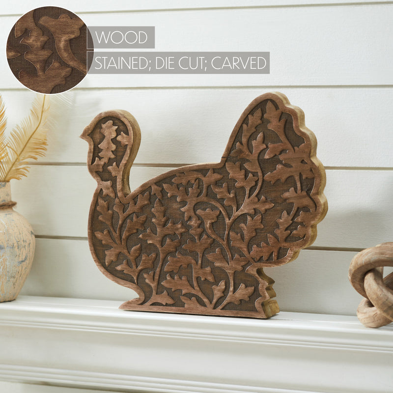 Dark Wooden Harvest Leaf Carved Turkey 11.5x13.5x2.5