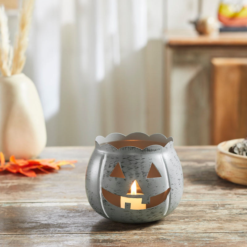 Jack-O-Lantern Candle Holder Antique Grey 4.25x5.25x5.25 **BACKORDERED UNTIL AUGUST 2025**