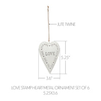 Love Stamp Heart Metal Ornament Set of 6 -  5.25 inch