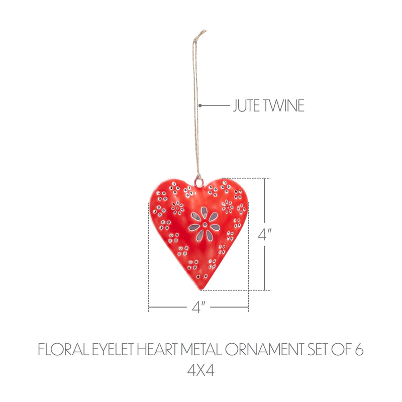 Floral Eyelet Heart Metal Ornament Set of 6 - 4 inch