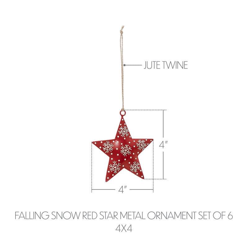 Falling Snow Red Star Metal Ornament Set of 6 - 4 inch