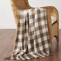 Cocoa Brown Woven Check Throw Blanket with Fringe 50x60