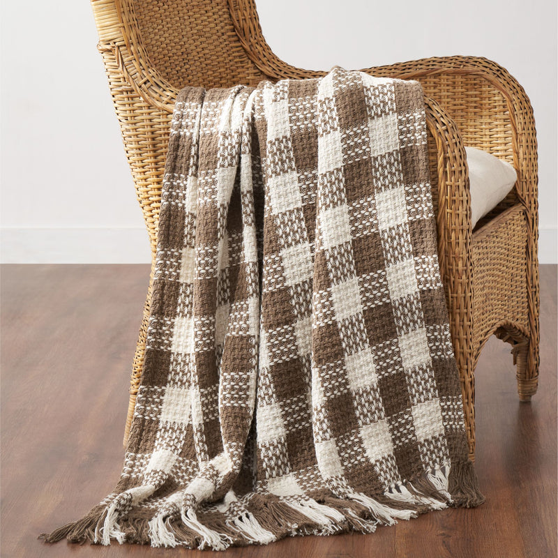 Cocoa Brown Woven Check Throw Blanket with Fringe 50x60