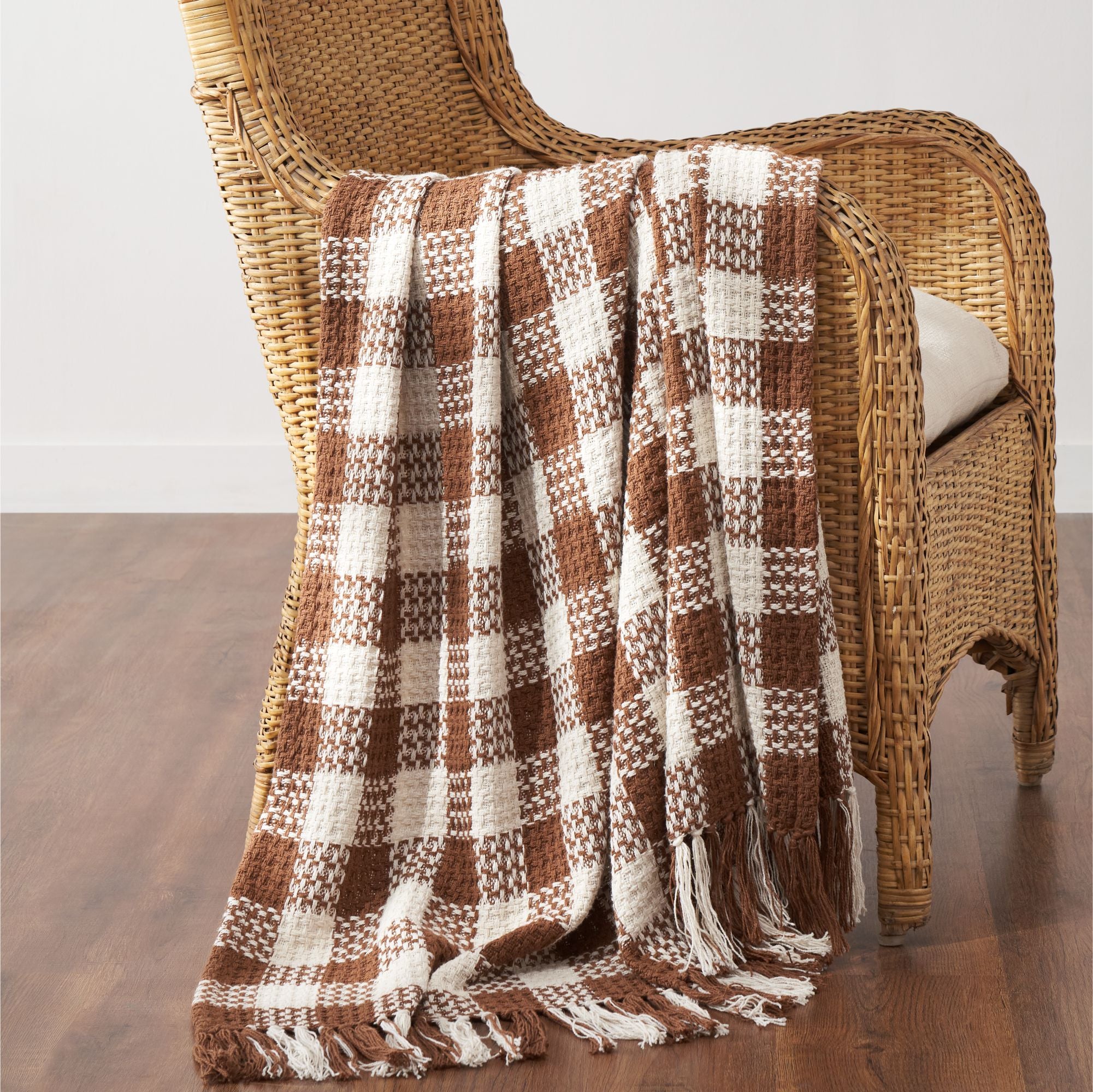 Dark Amber Woven Check Throw Blanket with Fringe 50x60