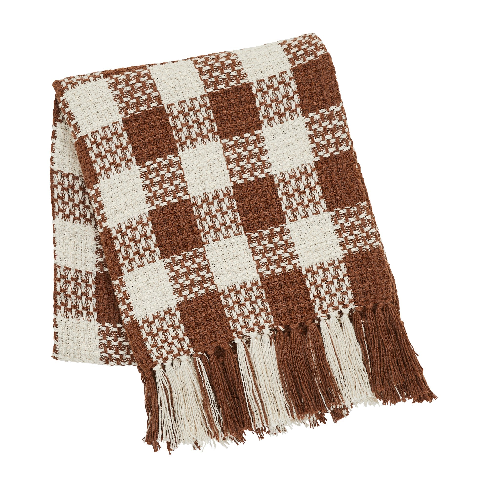 Dark Amber Woven Check Throw Blanket with Fringe 50x60