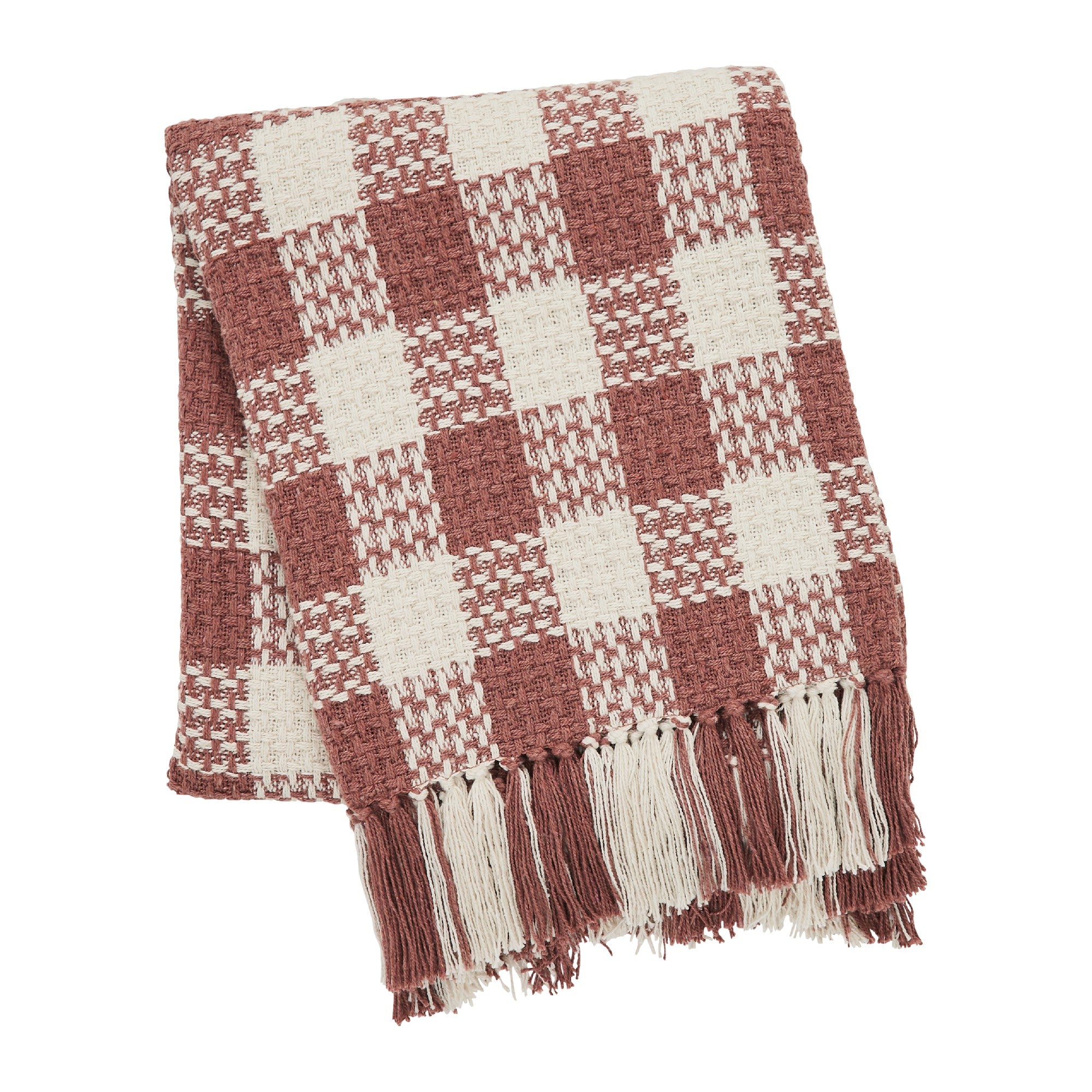 Dusty Rose Woven Check Throw Blanket with Fringe 50x60