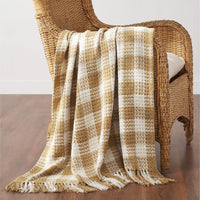 Golden Wheat Woven Check Throw Blanket with Fringe 50x60
