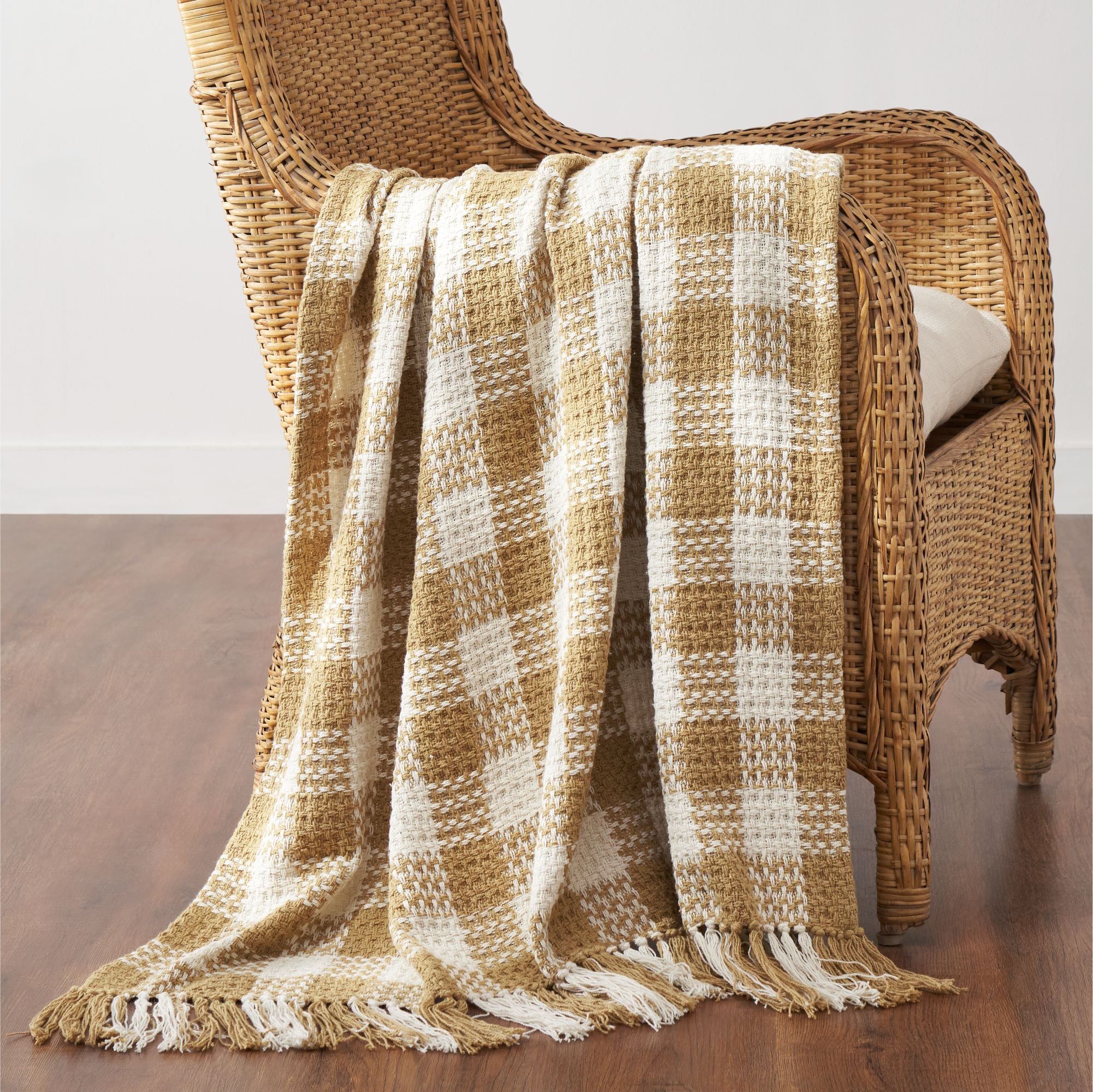 Golden Wheat Woven Check Throw Blanket with Fringe 50x60