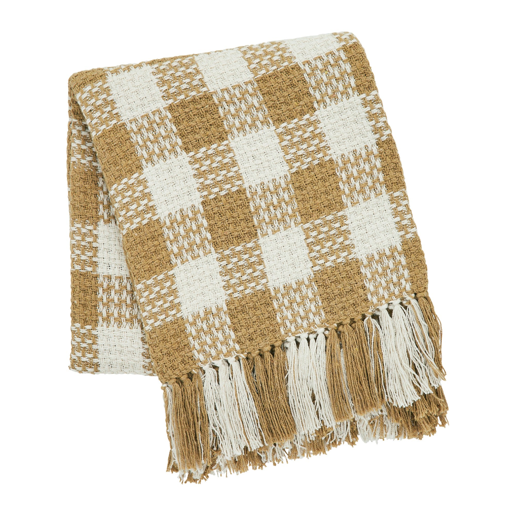 Golden Wheat Woven Check Throw Blanket with Fringe 50x60