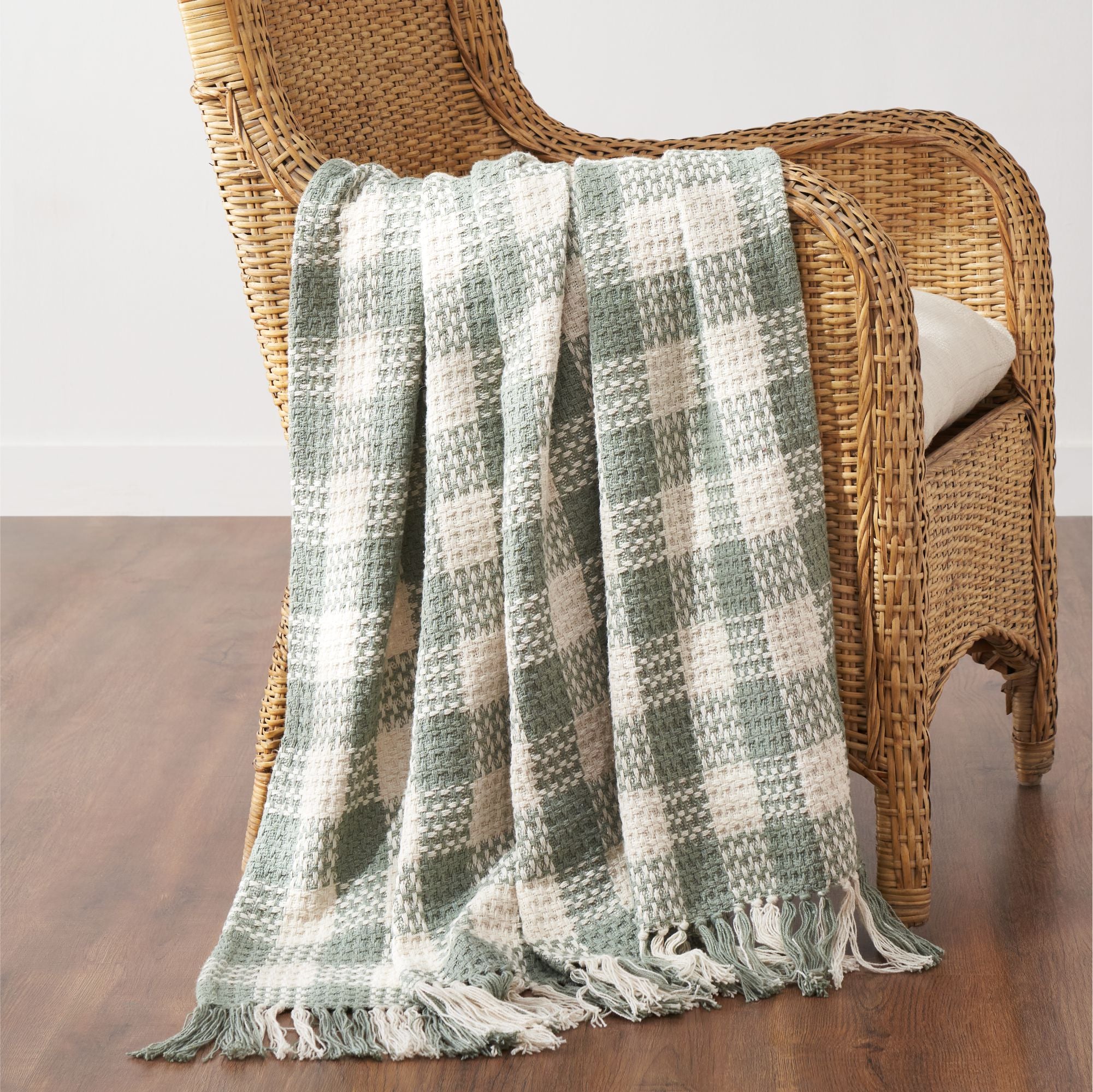 Pistachio Woven Check Throw Blanket with Fringe 50x60