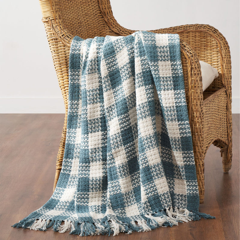 River Blue Woven Check Throw Blanket with Fringe 50x60