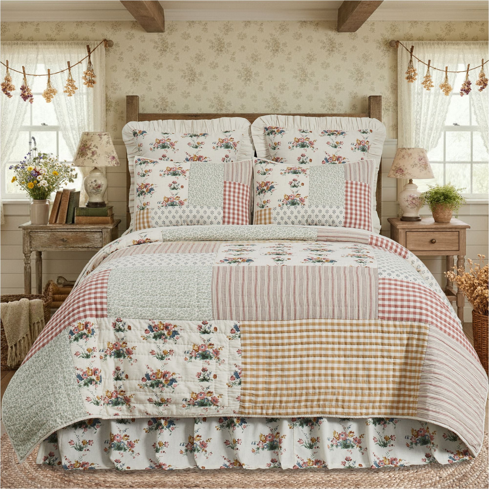 Rosehill Cottage Floral Gingham Patch Cotton Queen Quilt - 90x90 Dusty Rose & Natural Vintage Patchwork Bedding