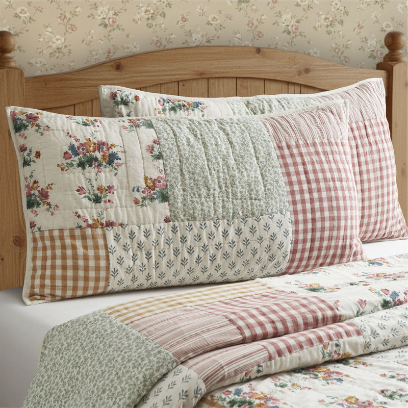 Rosehill Cottage Floral Patch Cotton King Sham - 20x38 Dusty Rose & Natural Vintage Patchwork Pillow Cover