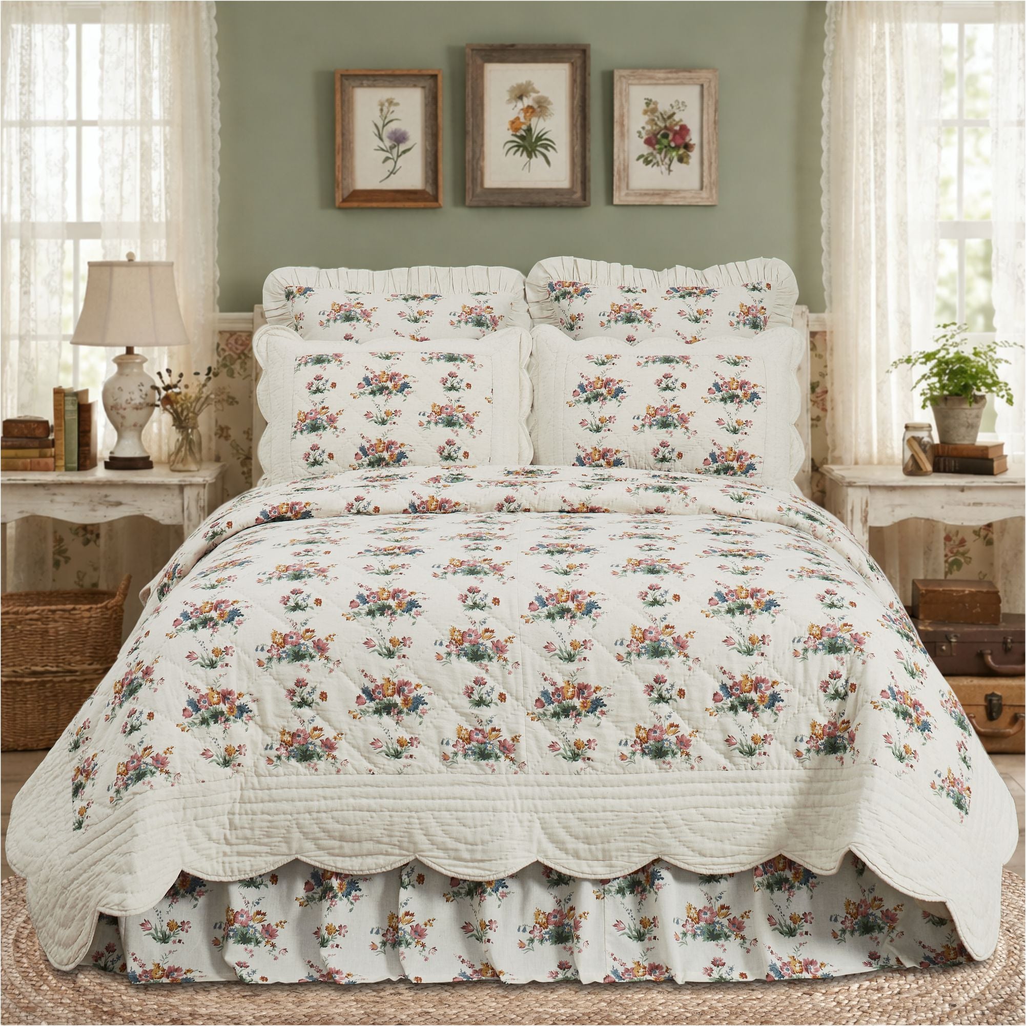 Rosehill Cottage Floral Scalloped Cotton Luxury King Quilt - 120x105 Dusty Rose & Natural Vintage Botanical Bedding