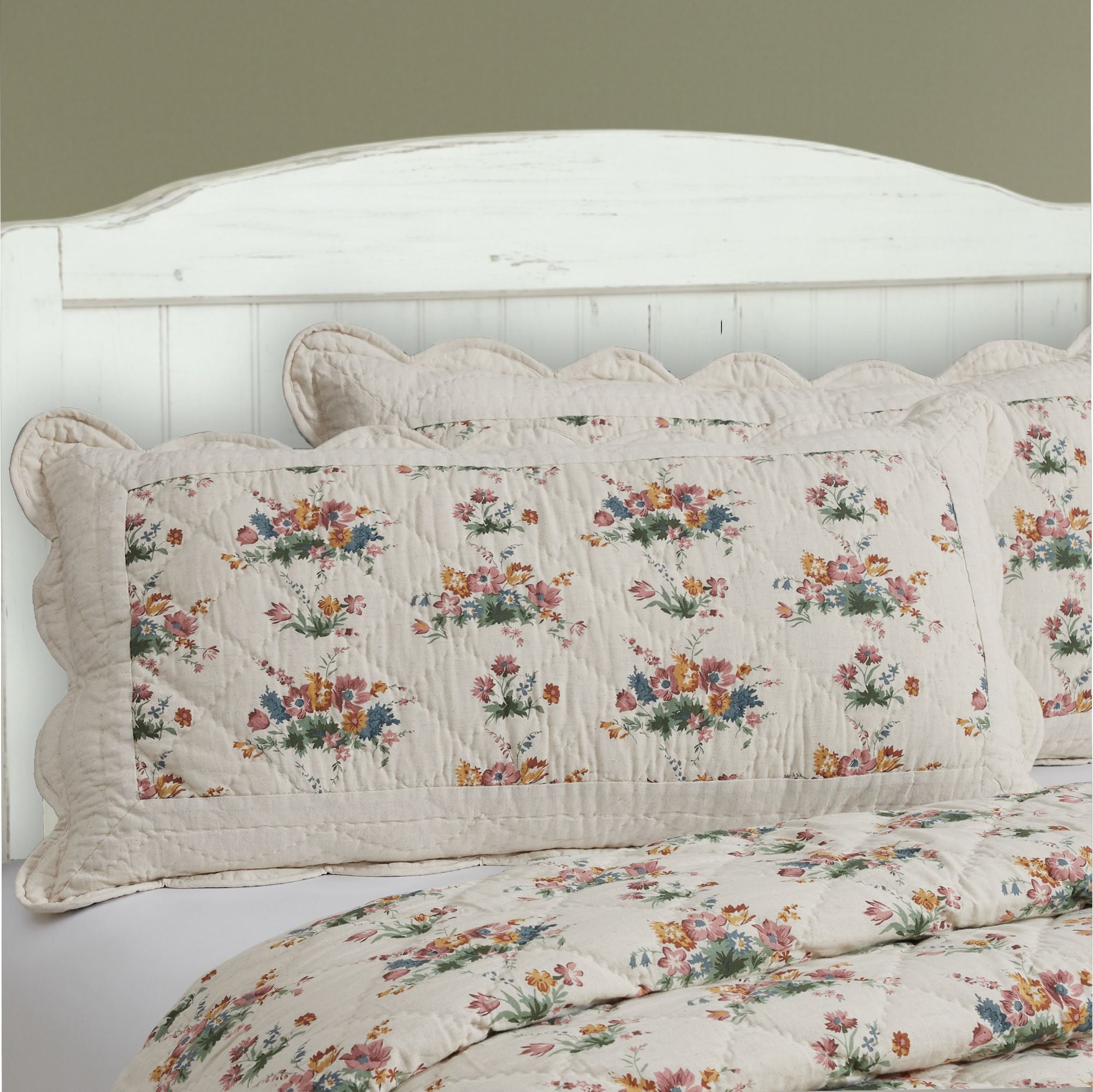 Rosehill Cottage Floral Scalloped Cotton King Sham - 21x37 Dusty Rose & Natural Vintage Farmhouse Quilted Pillow Cover