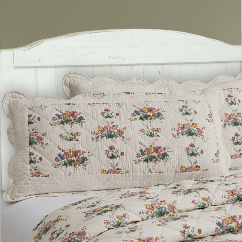 Rosehill Cottage Floral Scalloped Cotton King Sham - 21x37 Dusty Rose & Natural Vintage Farmhouse Quilted Pillow Cover