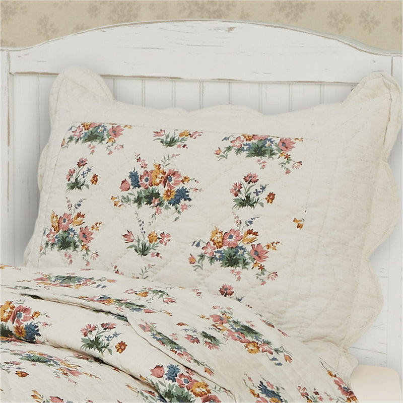Rosehill Cottage Floral Scalloped Cotton Standard Sham - 20x26 Dusty Rose & Natural Vintage Cottagecore Quilted Pillow Cover