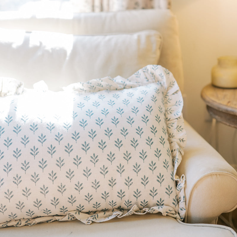 Rosehill Cottage Blue Block Print Ruffled Lumbar Pillow - 14x22 Filled Botanical Decorative Cushion