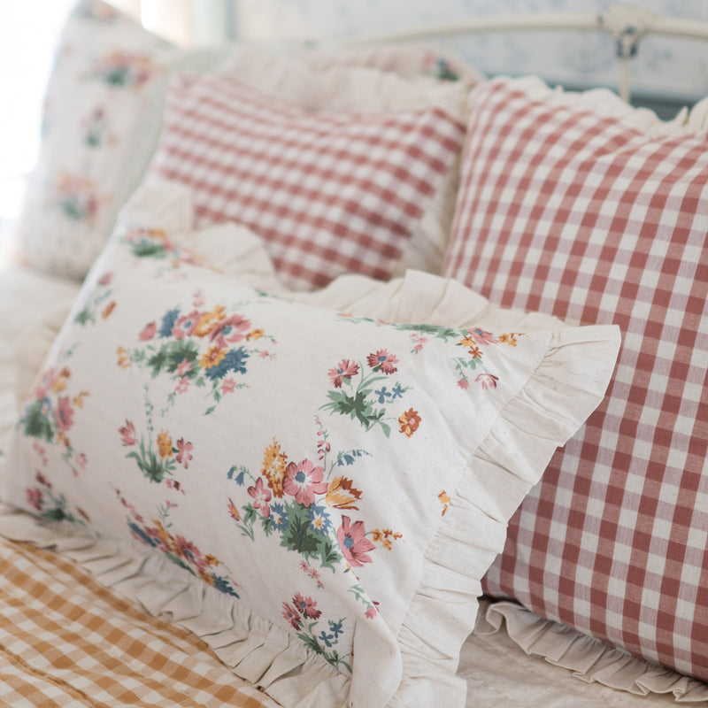 Rosehill Cottage Ruffled Cotton Pillow Cover Set of 3 - Gingham & Floral Dusty Rose Natural Decorative Covers