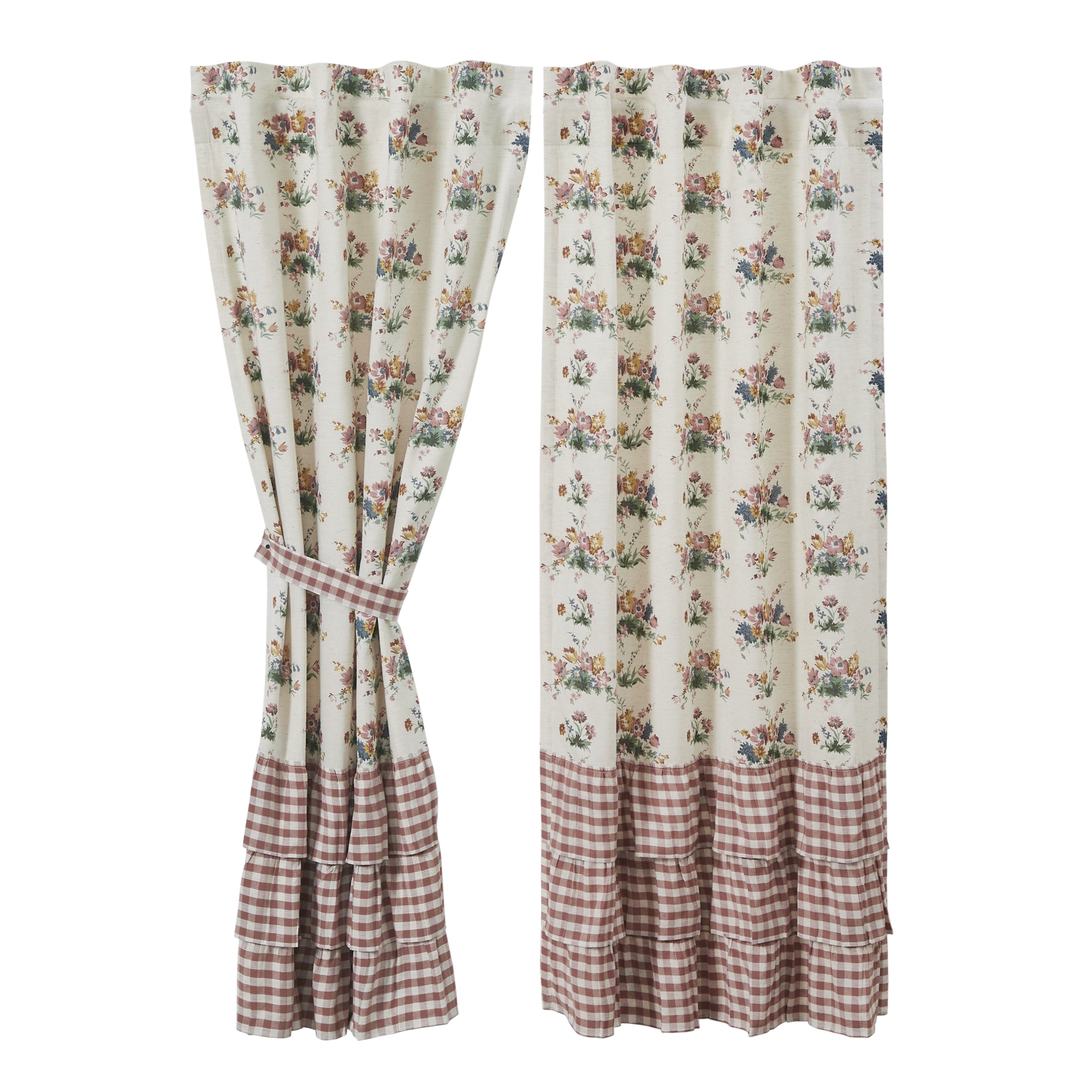 Rosehill Cottage Floral & Gingham Ruffled Cotton Curtain Panel Set - 40x84 Dusty Rose & Natural Window Drapes