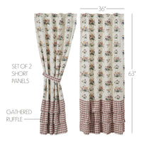 Rosehill Cottage Floral & Gingham Ruffled Cotton Short Panel Curtain Set - 36x63 Dusty Rose & Natural Window Drapes