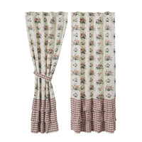Rosehill Cottage Floral & Gingham Ruffled Cotton Short Panel Curtain Set - 36x63 Dusty Rose & Natural Window Drapes