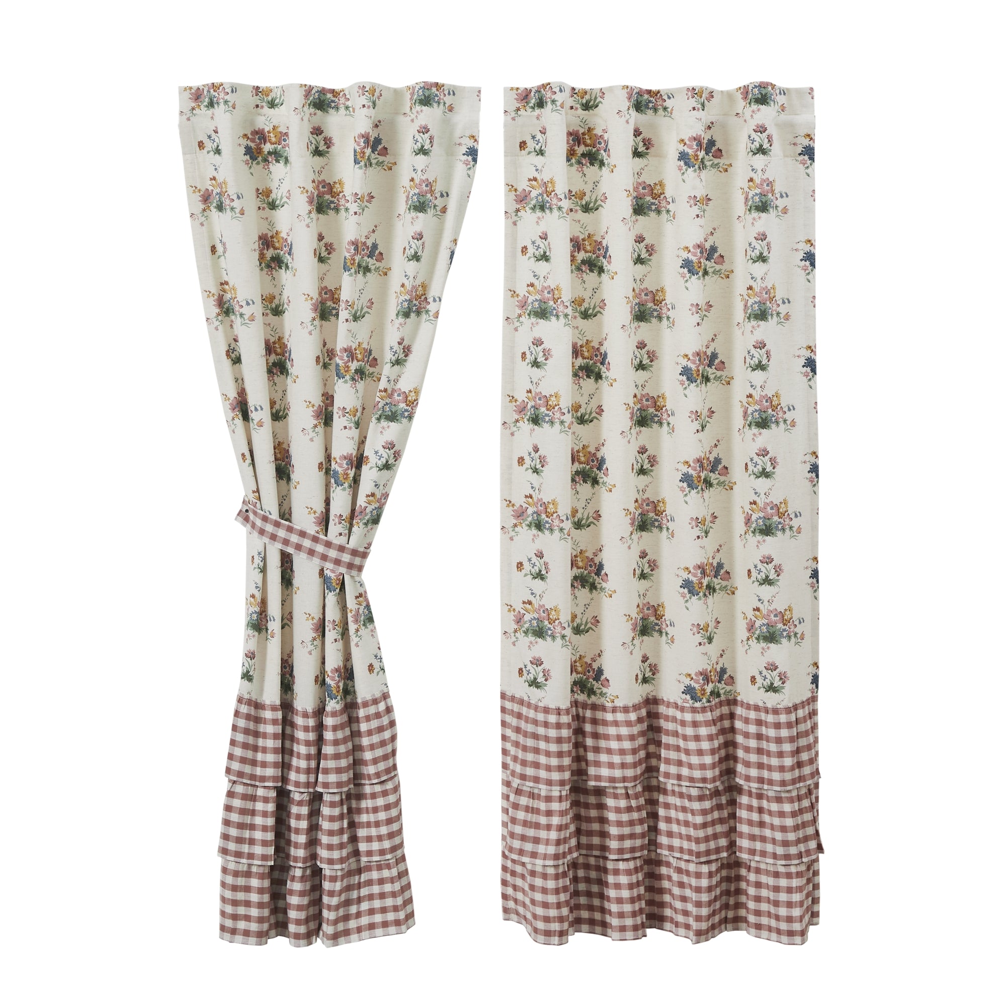Rosehill Cottage Floral & Gingham Ruffled Cotton Short Panel Curtain Set - 36x63 Dusty Rose & Natural Window Drapes