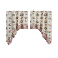 Rosehill Cottage Floral & Gingham Ruffled Cotton Swag Curtain Set - 36x36x16 Dusty Rose & Natural Window Drapes