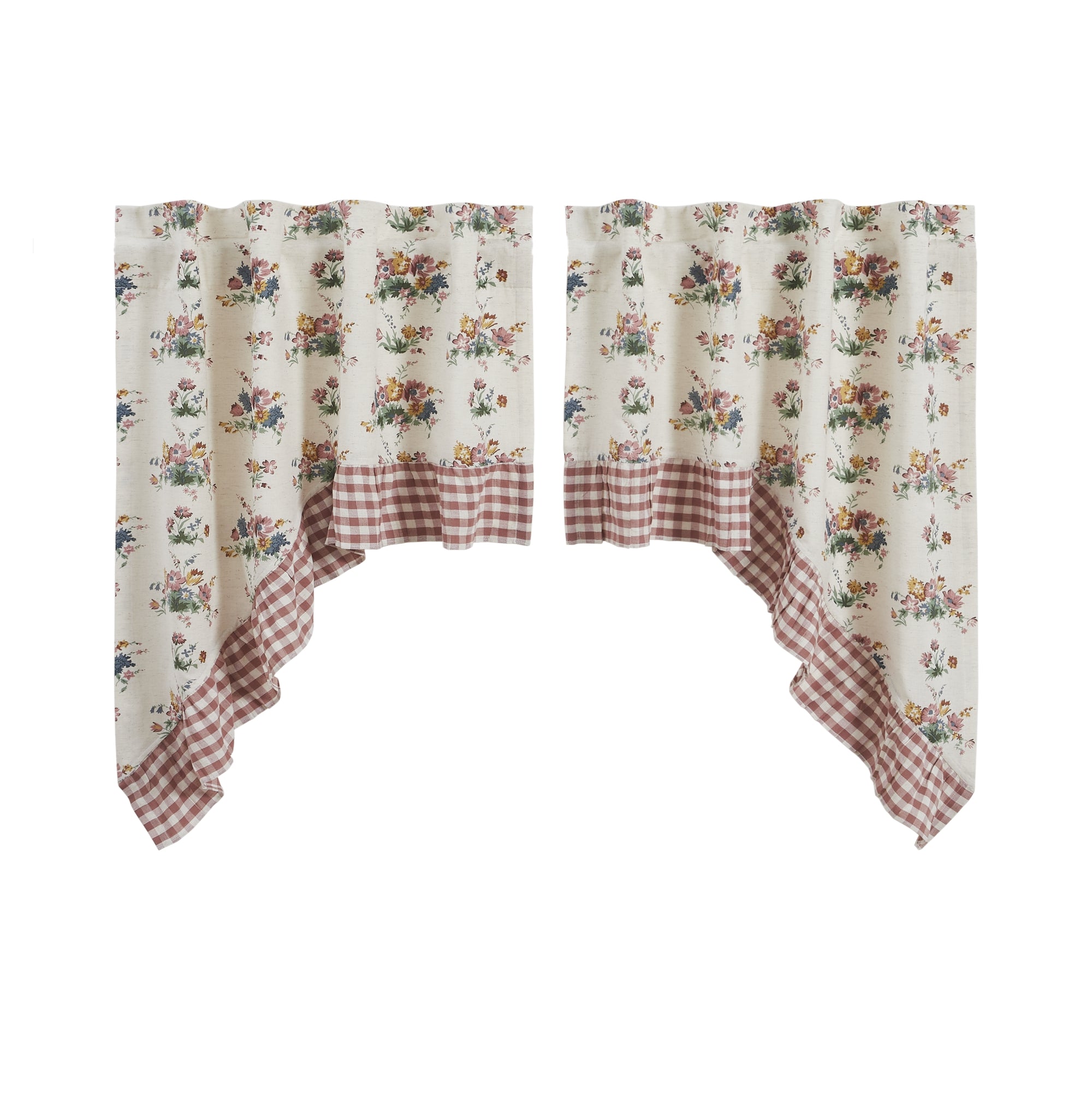 Rosehill Cottage Floral & Gingham Ruffled Cotton Swag Curtain Set - 36x36x16 Dusty Rose & Natural Window Drapes