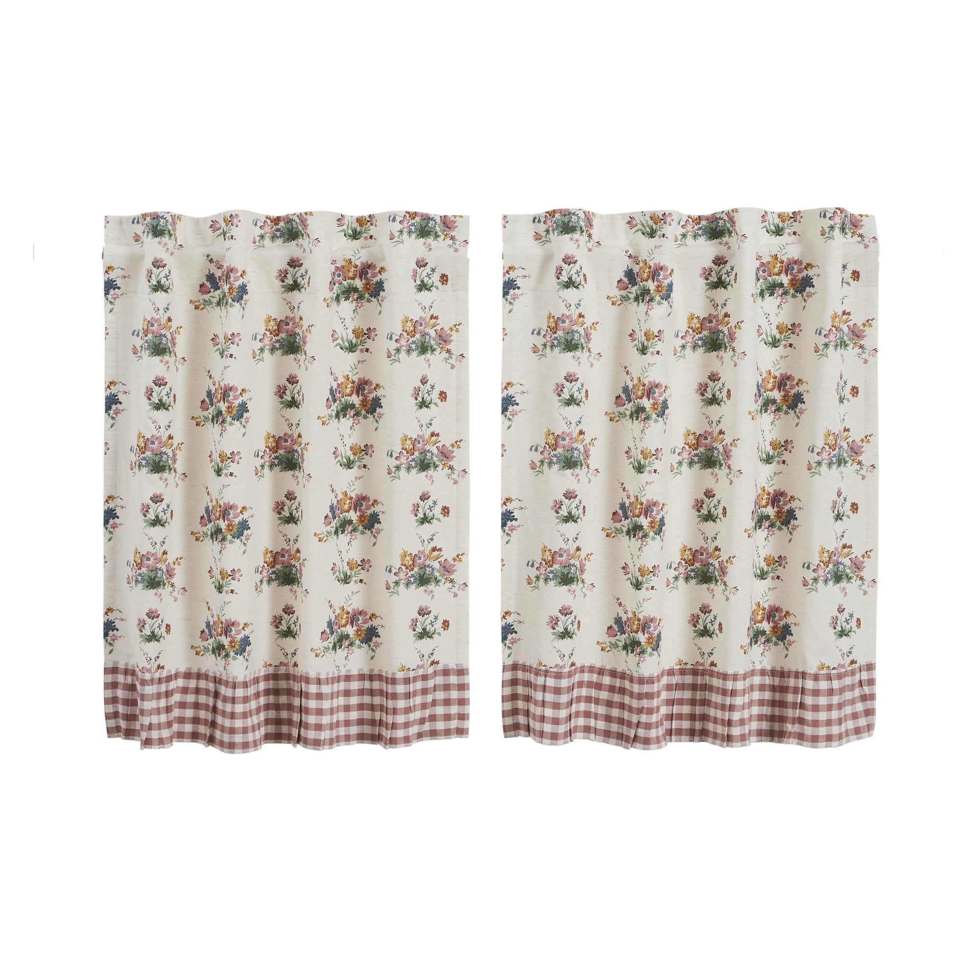 Rosehill Cottage Floral & Gingham Ruffled Cotton Tier Curtain Set - 36x36 Dusty Rose & Natural Cafe Curtains