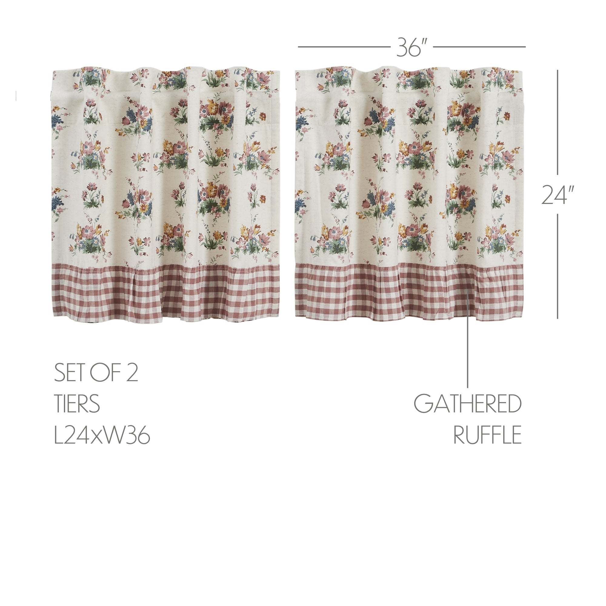 Rosehill Cottage Floral & Gingham Ruffled Cotton Tier Set - 24x36 Dusty Rose & Natural Cafe Curtain