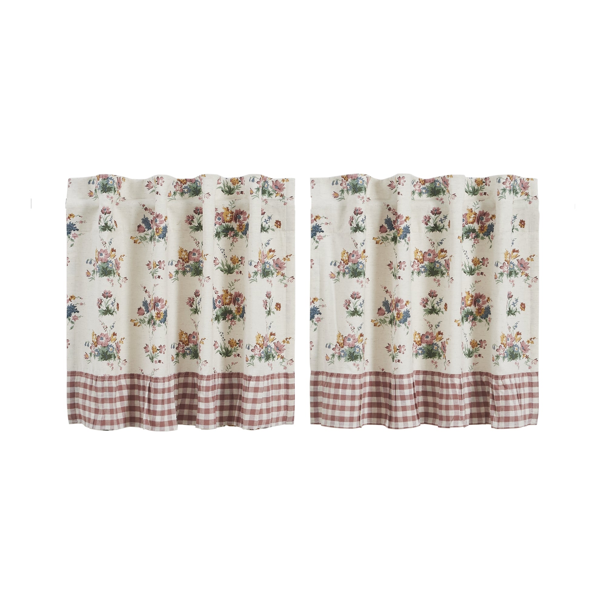 Rosehill Cottage Floral & Gingham Ruffled Cotton Tier Set - 24x36 Dusty Rose & Natural Cafe Curtain