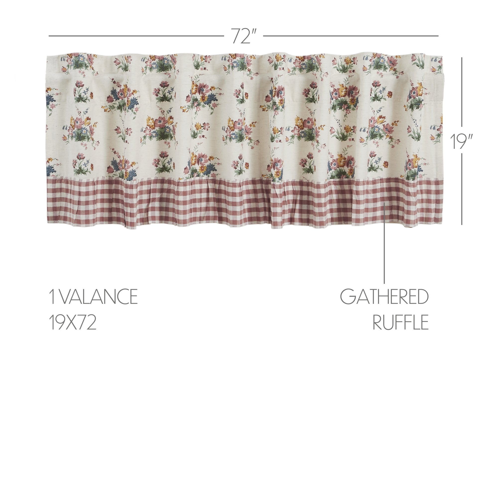 Rosehill Cottage Floral & Gingham Ruffled Cotton Window Valance - 19x72 Dusty Rose & Natural Valance