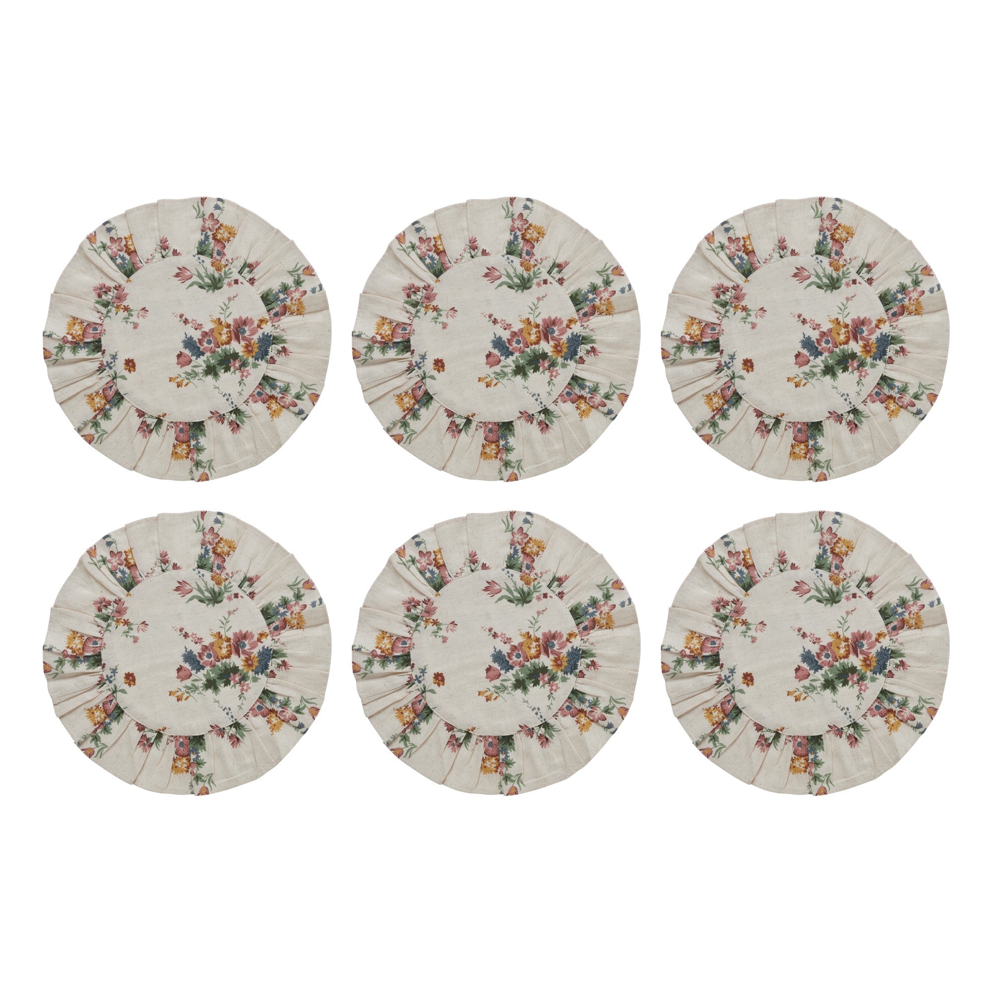 Rosehill Cottage Floral Round Ruffled Cotton Placemats - Set of 6 - 15 inch Dusty Rose & Natural Table Mats
