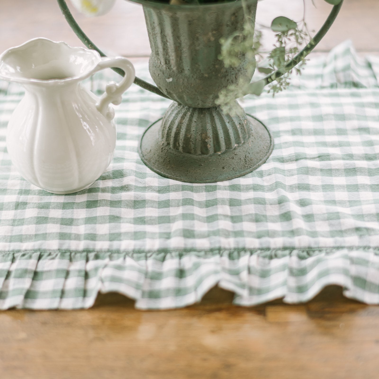 Rosehill Cottage Green Gingham Ruffled Cotton Table Runner - 12x48 Green & Natural Table Runner