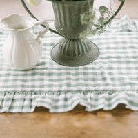 Rosehill Cottage Green Gingham Ruffled Cotton Table Runner - 12x72 Green & Natural Oval Runner