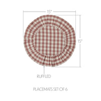 Rosehill Cottage Dusty Rose Gingham Round Ruffled Cotton Placemats - Set of 6 - 15in Pink & Natural Table Mats